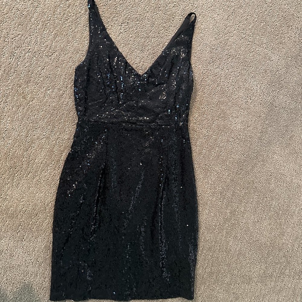 Lulus Champagne Showers Black Sequins Bodycon Dress: Size M